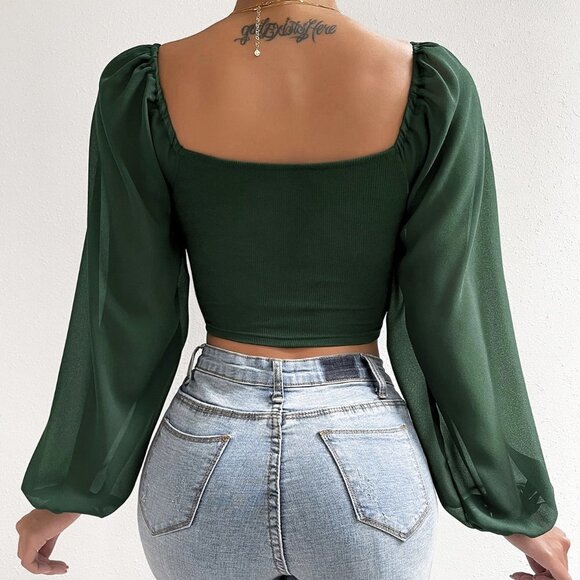 Dark Green Casual Women's Sweetheart Neck Drawstring Lantern Sleeve Crop Top - Picture 2 of 5
